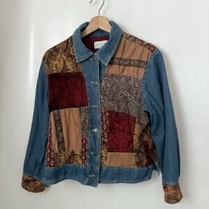 Out Of The Blue J Jill Patchwork Velvet Tapestry Denim Jean Mixed Media Jacket M